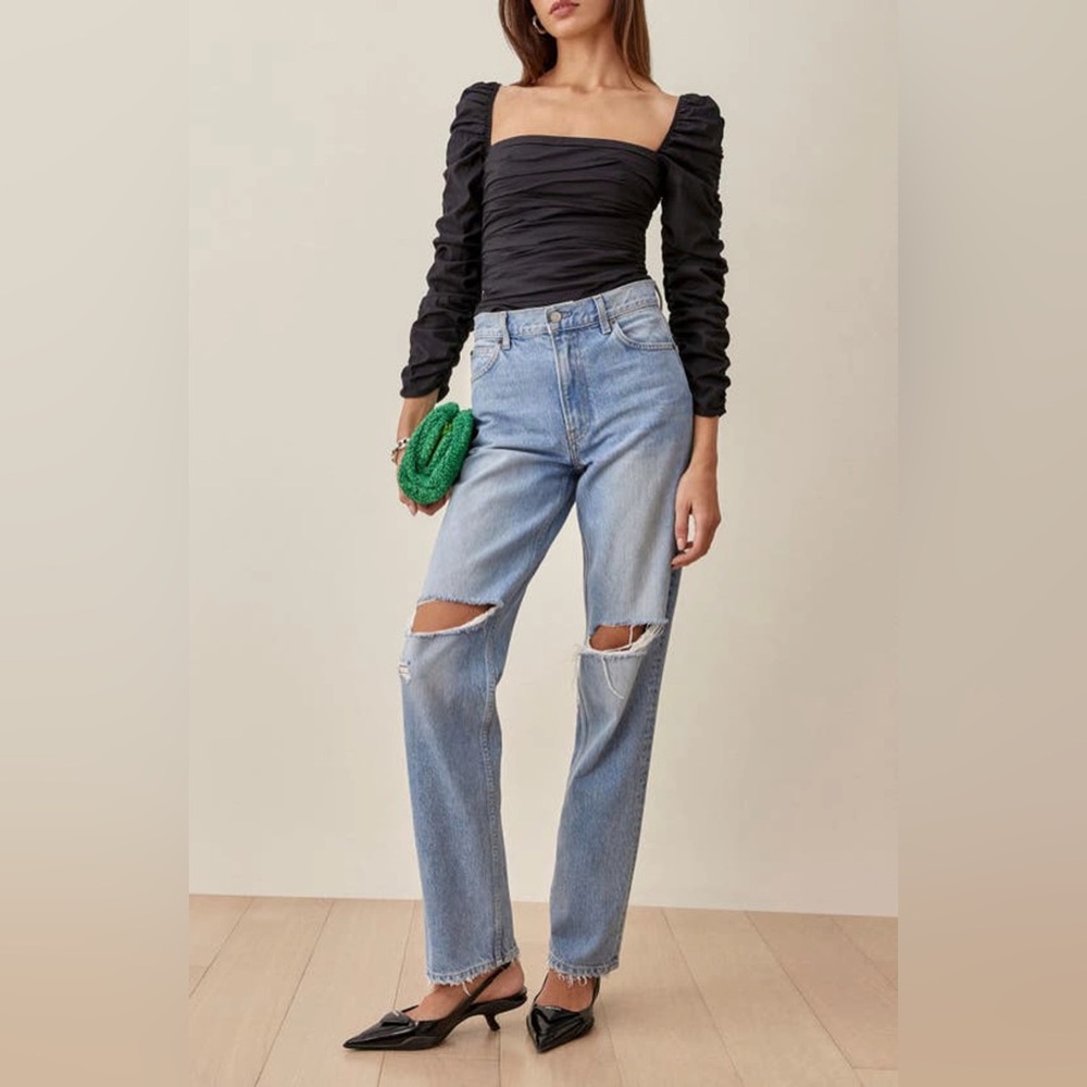 Reformation Joi Rushed Square Neck Long Sleeve Cotton Top